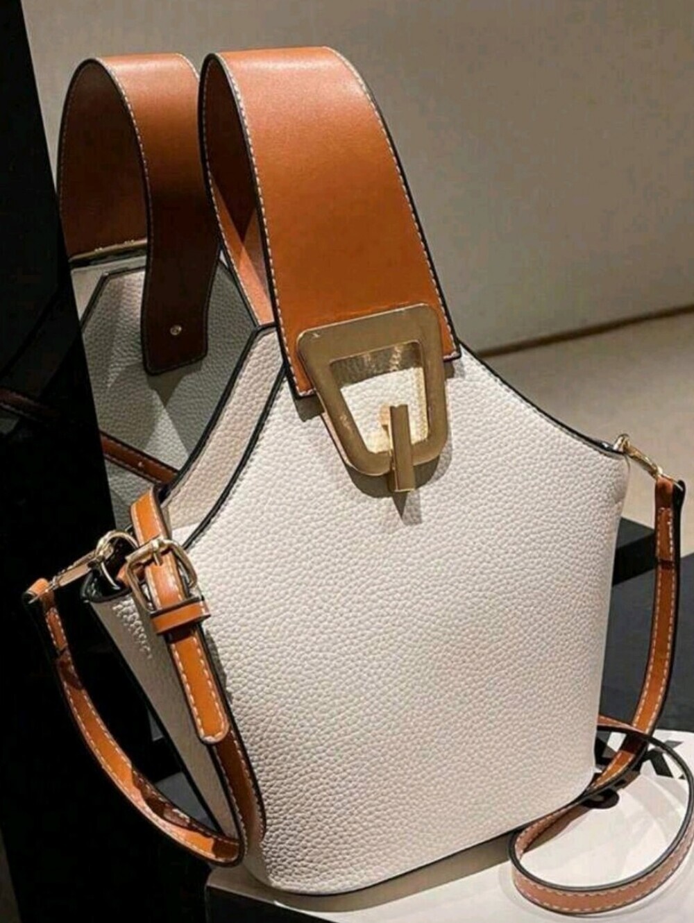 Women’s Two-Tone White & Tan Leather Shoulder Bag